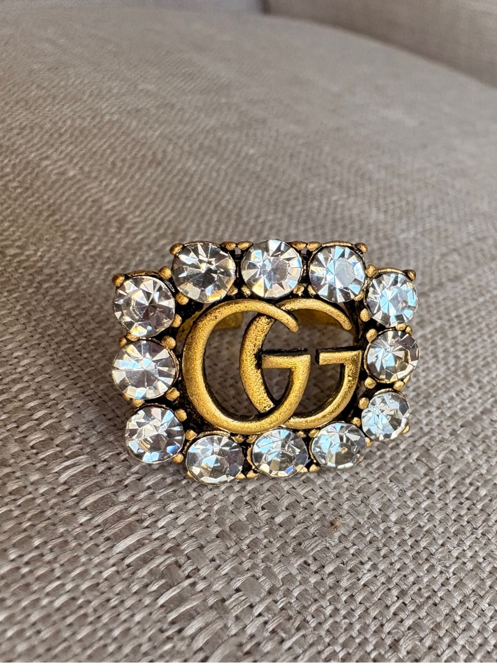 Gucci Gold Double G Brooch with Clear Crystals